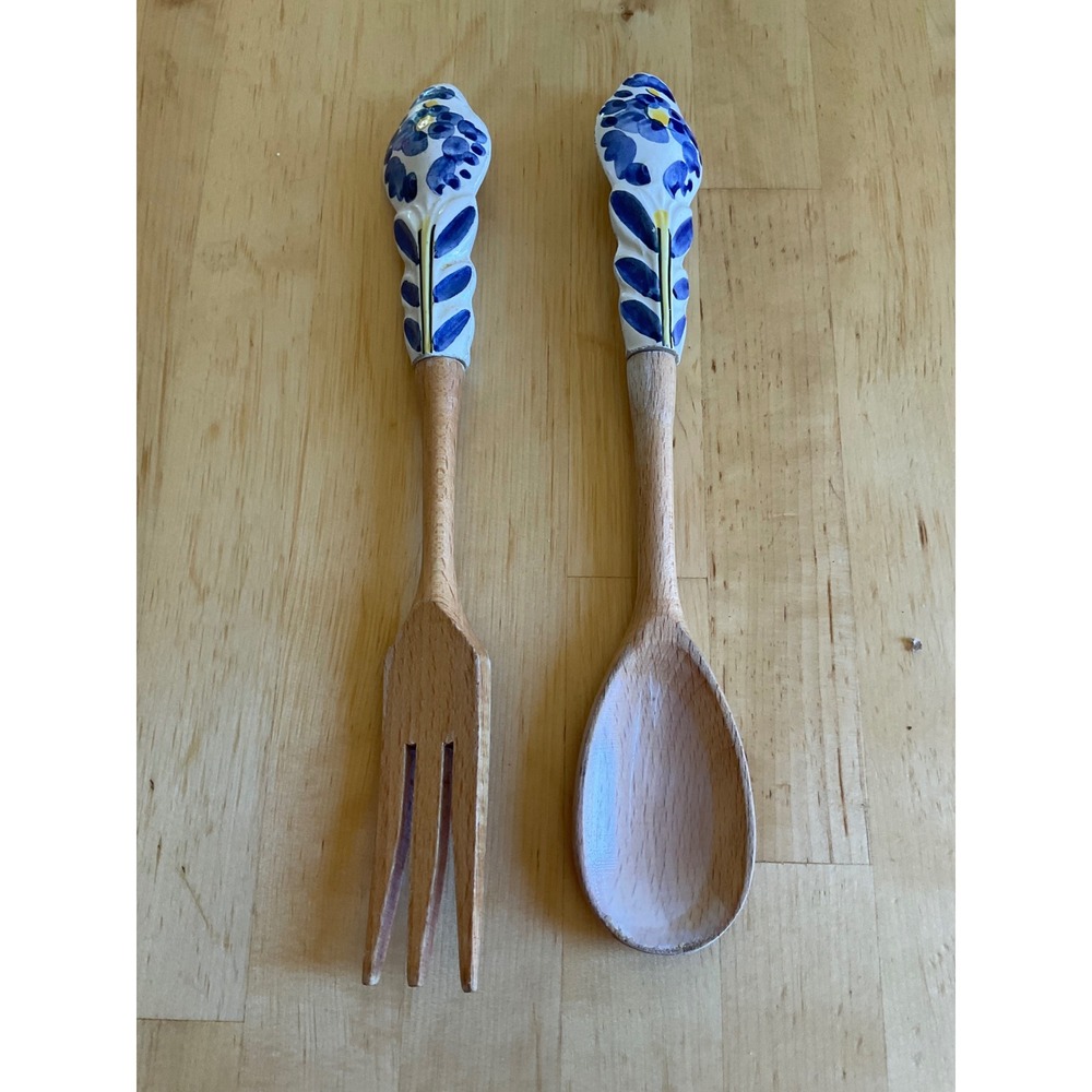 Hand Painted Ceramic Handle Wooden Salad Server Set Blue Floral Fork and Spoon